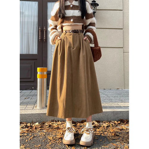 Vintage Belt Corduroy Midi Skirt Women High Waist Pleated A Line