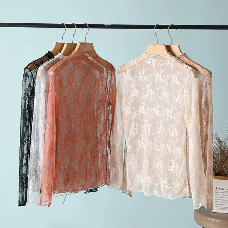 Sexy Women Mesh T-Shirts Transparent Lace Blouse Long Sleeve See