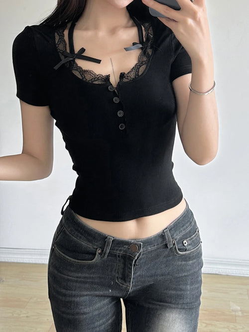 Halter Neck Lace Trim Bow Cute Black Y2K T-Shirt Women Button Up Slim