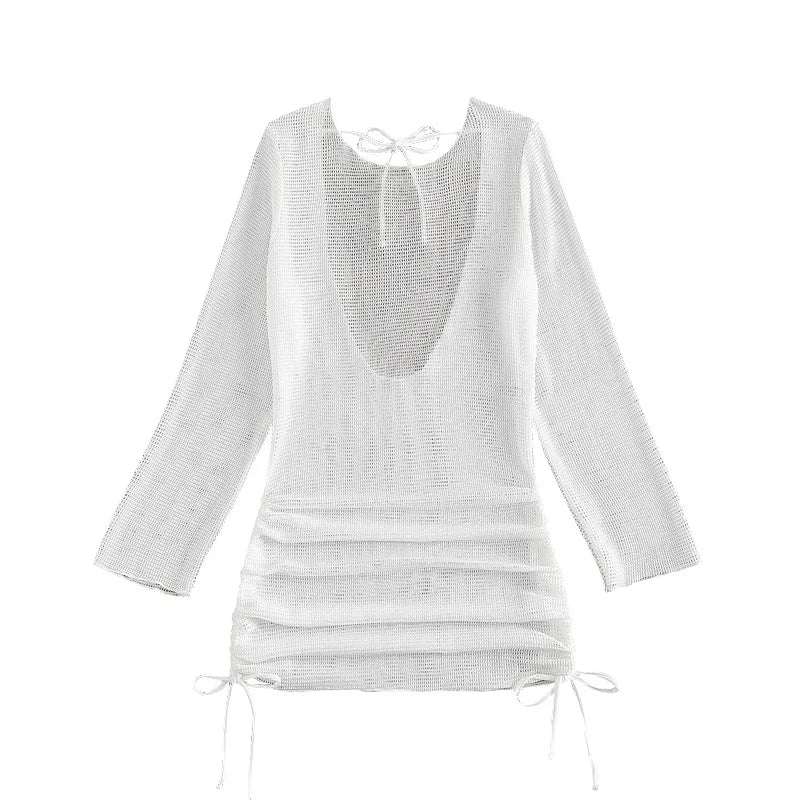 S - XL Long Sleeve Backless Crochet Knitted Tunic Beach Cover Up