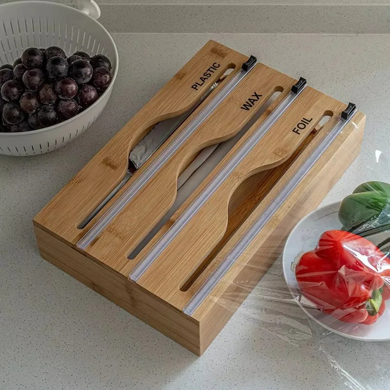 1pcs Refillable Bamboo Cling Film Box Cutter Food Wrap Dispenser