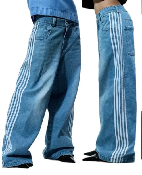 Harajuku Retro Hip Hop Mens Jeans Y2k Black Striped Baggy Jeans Gothic