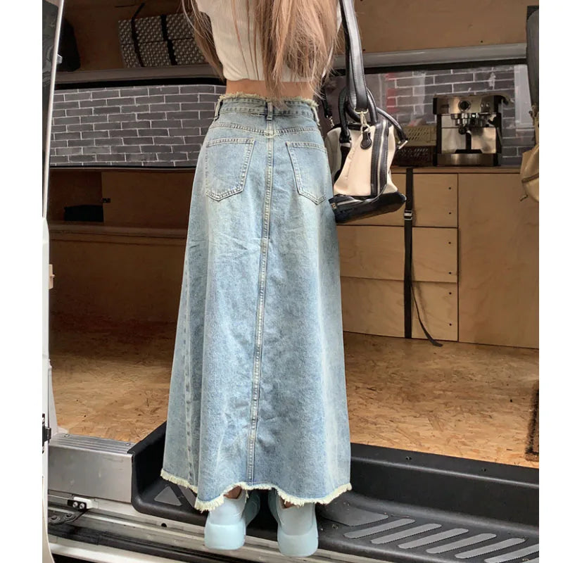Women's Tassel Denim Long Skirts, Vintage Pocket, A-line Jeans Skirt,