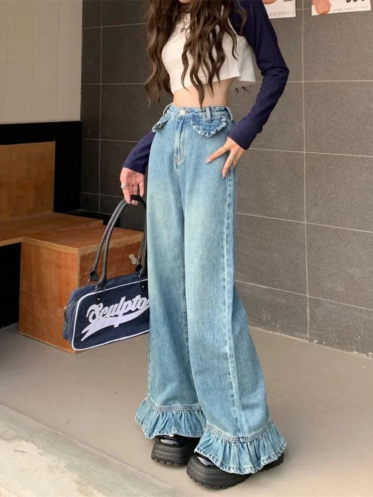 S-4XL Flare Jeans Women Baggy Washed Vintage Harajuku Streetwear Full