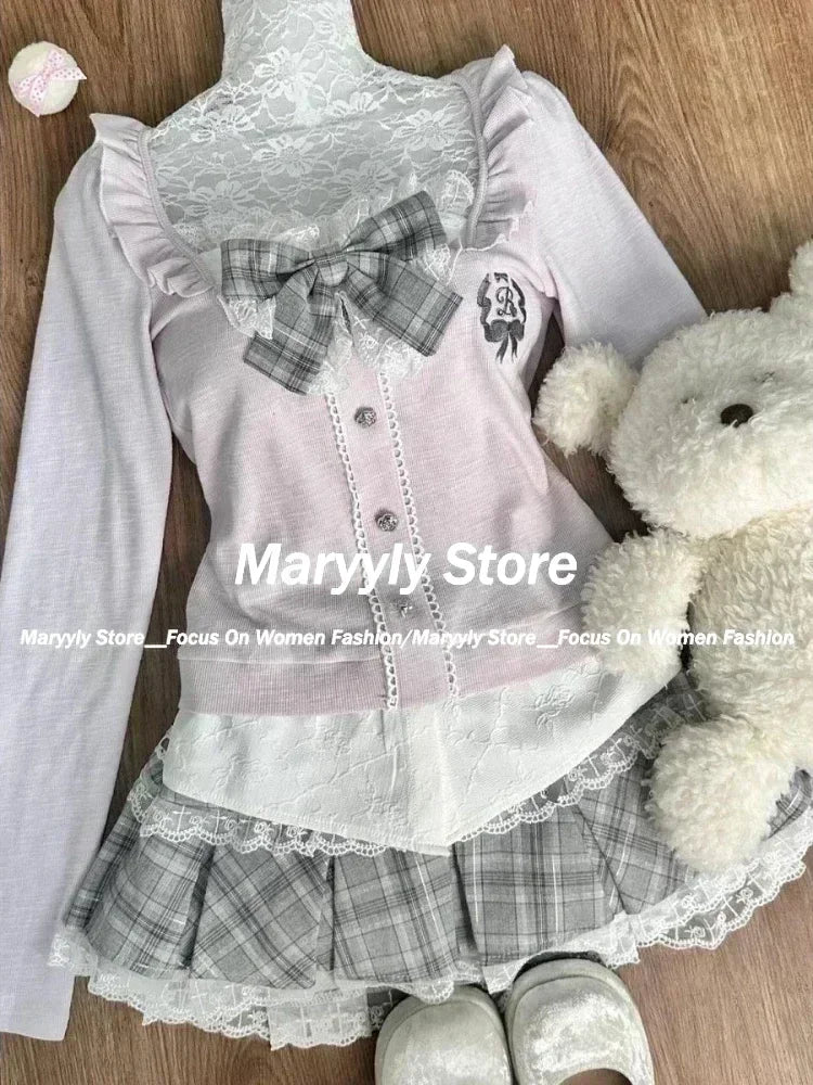 Japanese Sweet Preppy Style Skirt Set Women Kawaii Lace Patchwork Bow