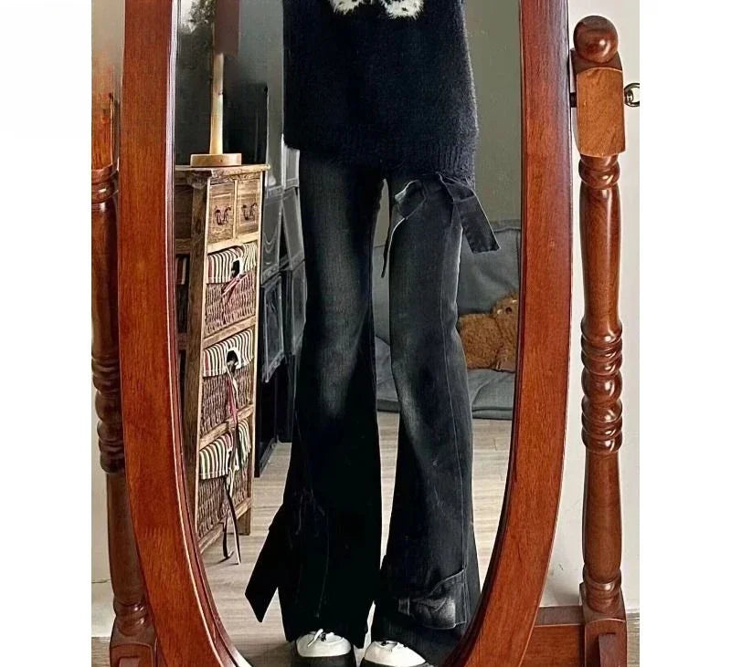 Y2K American Retro Washed Oversized Bow Micro-flared Jeans Women’s New