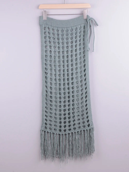 Women’s Sexy Sheer Hollow Out Beach Maxi Knit Skirt Split Tassels
