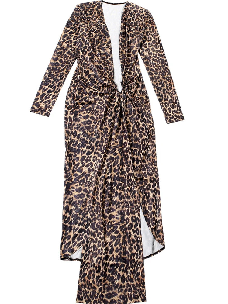 Beyprern Wild Leopard Print Deep Plunge Long Straps Metallic Maxi Dress Chic Women Animal Print Ruched Fitted Night Out Dress