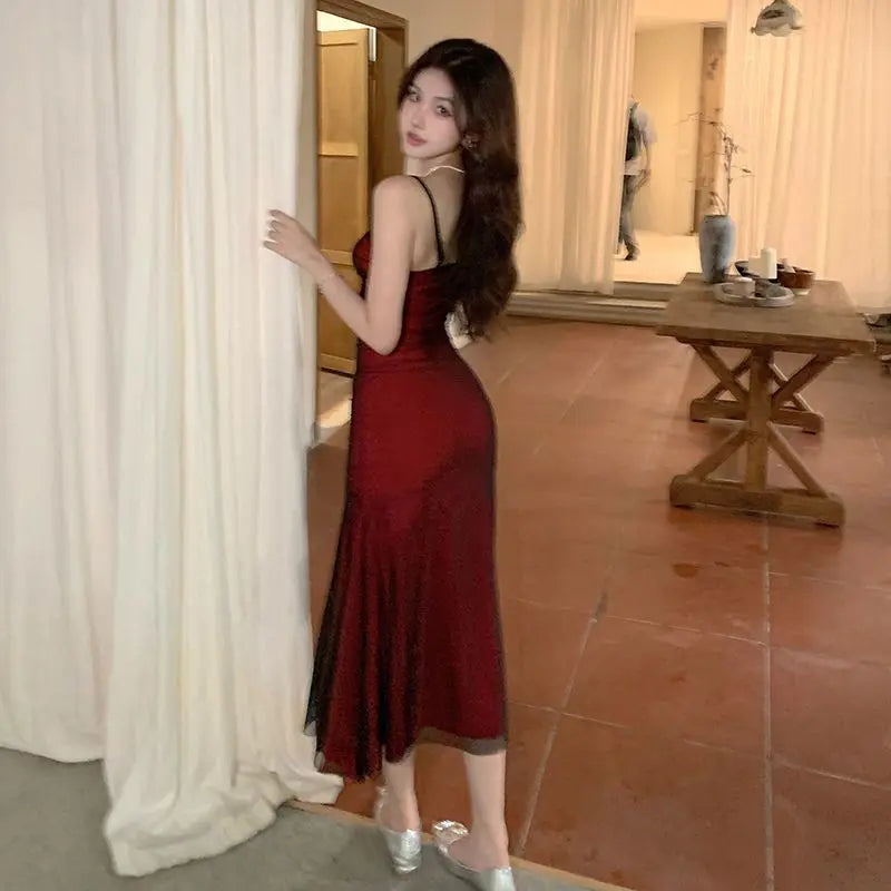 French Women's Sleeveless Bodycon Corset Maxi Dress Wine Red Spaghetti