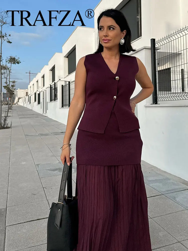 TRAFZA 2024 Women Skirt Set Wine Red Knitted V-Neck Sleeveless Slim