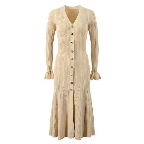 Elegant Single-breasted Knitted Dress Deep V-neckline Women’s Long