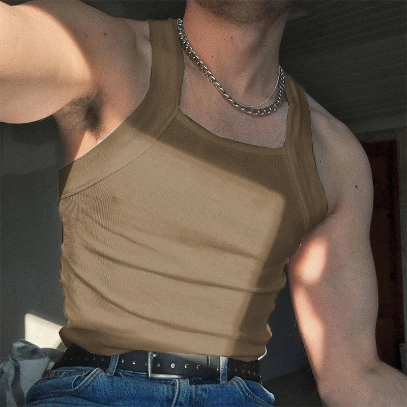 2023 Men Fashion Tank Tops Solid Color O-neck Sleeveless Skinny Gym