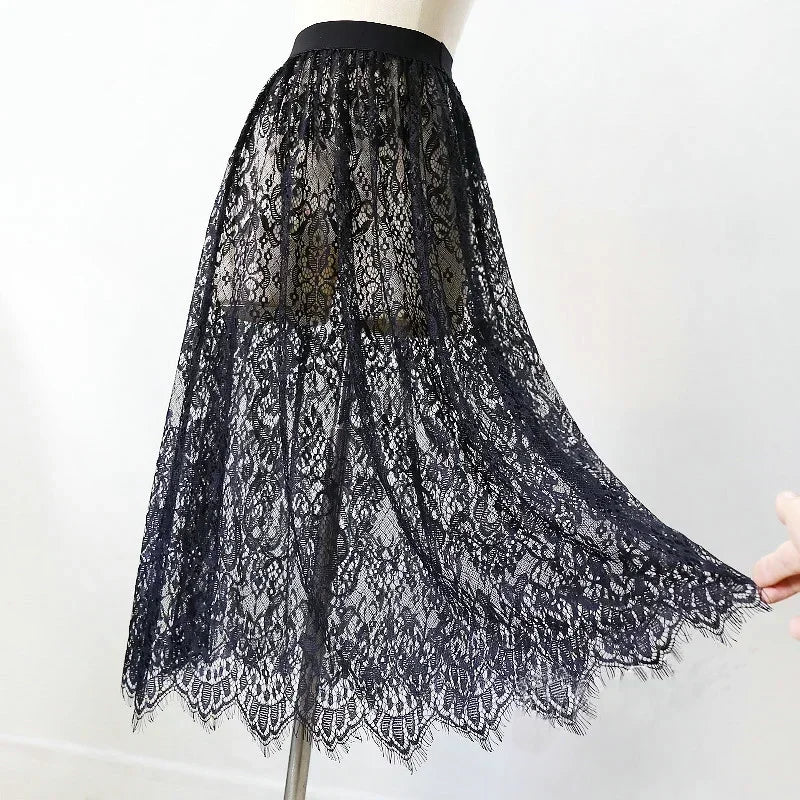 2 Length Elegant Black Skirt White Lace Transparent Long Tulle Skirt