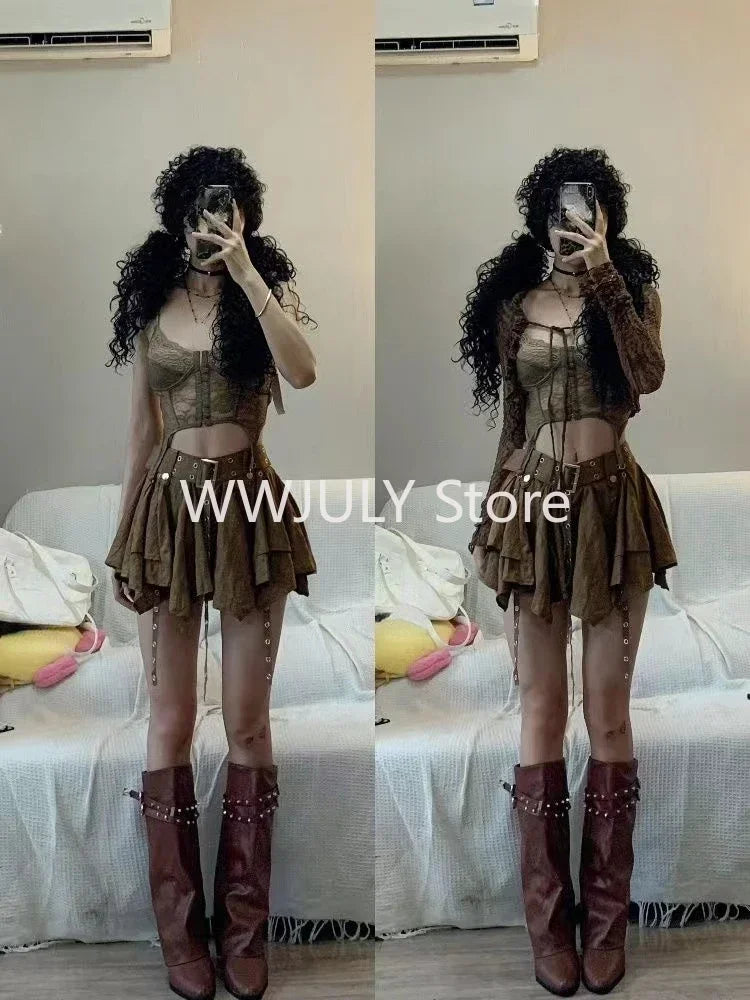 Harajuku Vintage Fashion 3 Piece Set Woman Short Cardigan + Slim Vest