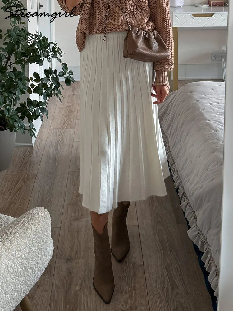 Knit Black Mini Pleated Skirts For Women A Line Winter Short Skirt