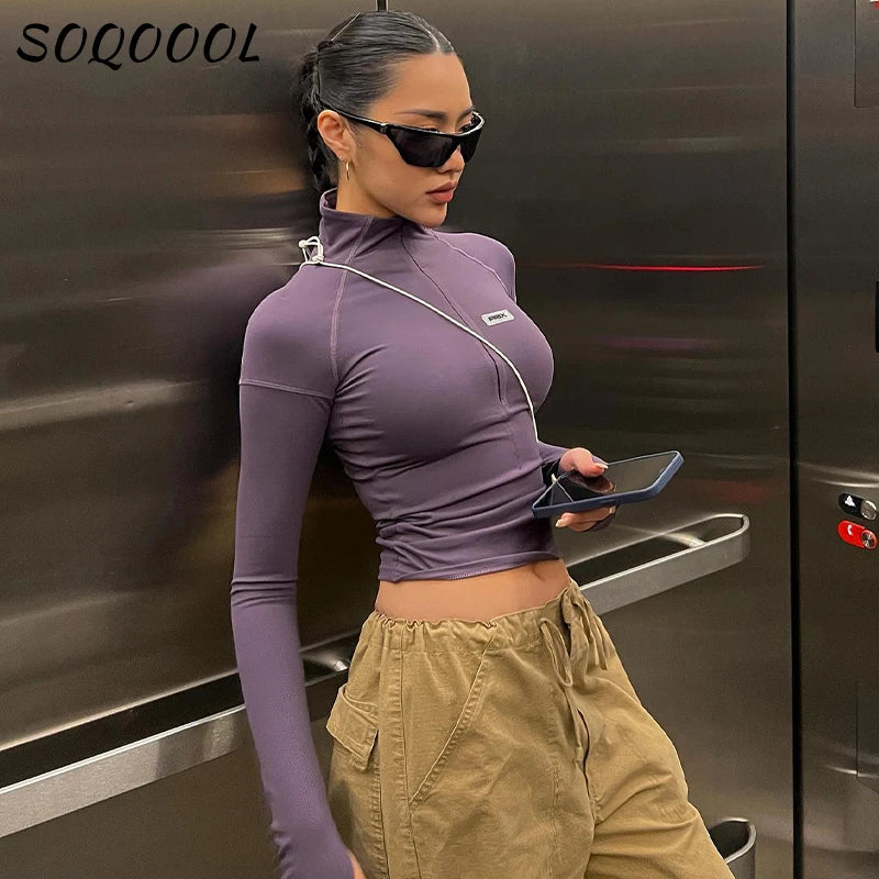 Y2k Long Sleeve T Shirt Women Stand Collar Skinny Zip Crop Tops