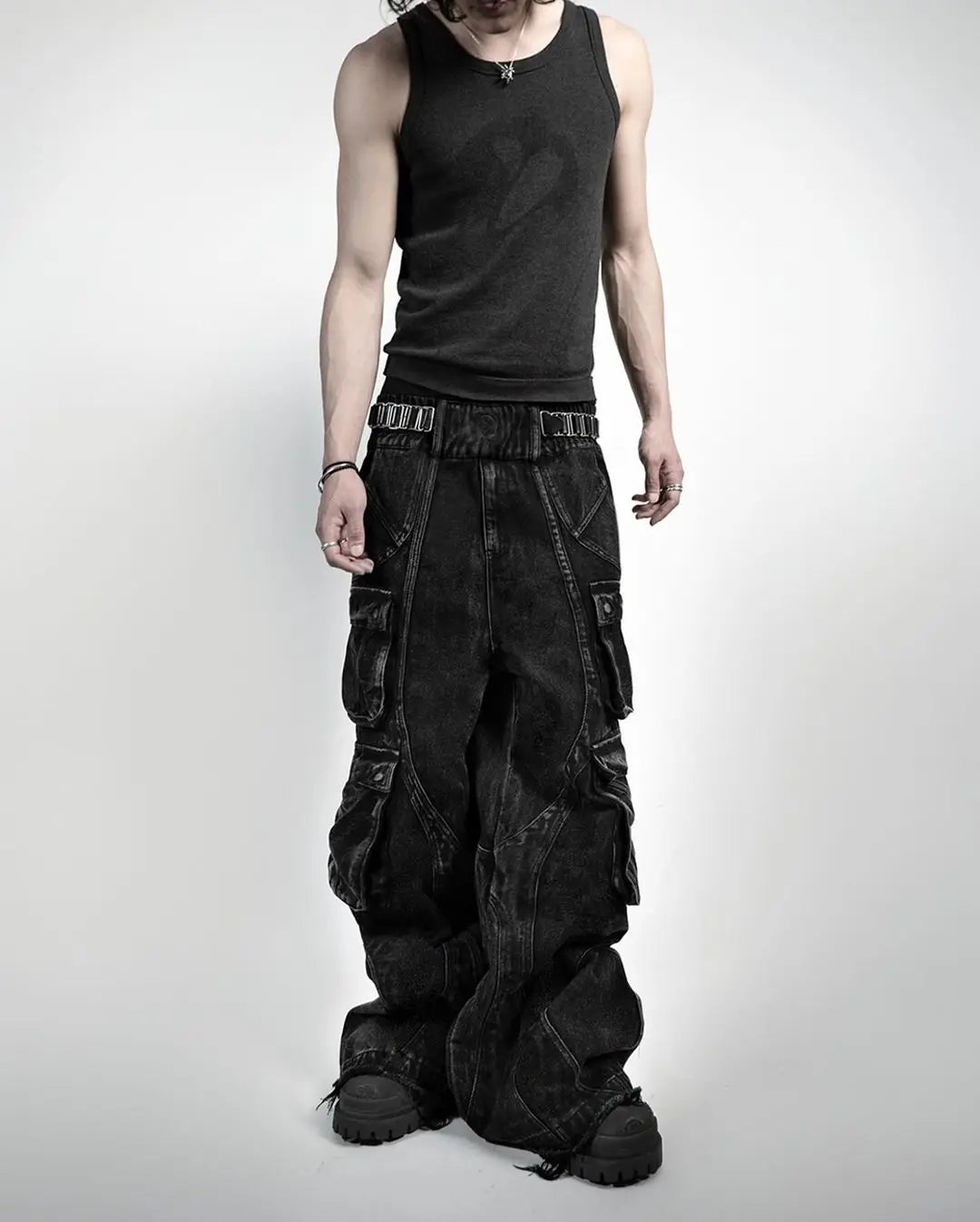 2024 New Gothic Retro Jeans for Men Wide Leg Straight Black Y2k Baggy