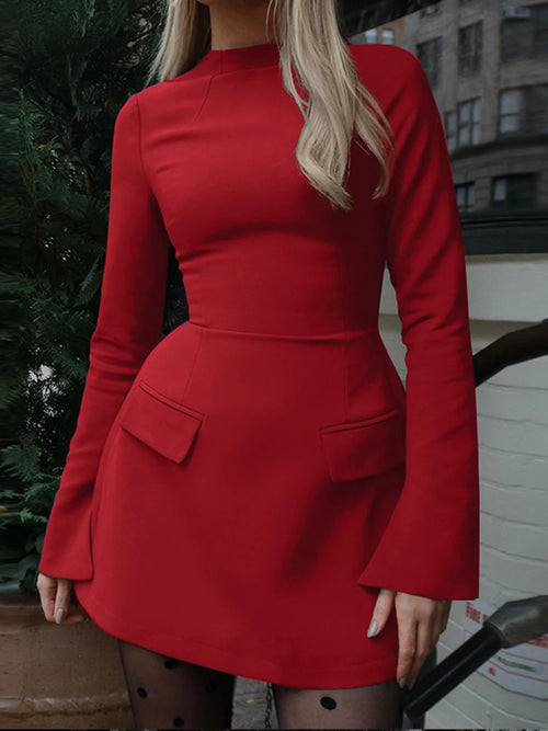 Dulzura Long Sleeves Zipper Bodycon Mini Dress With Pocket Solid