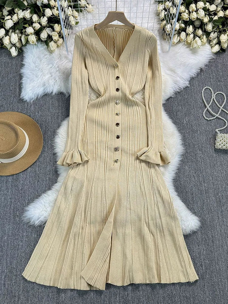 Elegant Single-breasted Knitted Dress Deep V-neckline Women’s Long