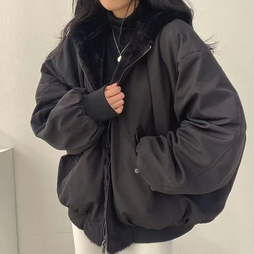 American Retro Woolen Collar Hooded Cotton Jacket Winter Thick Plush