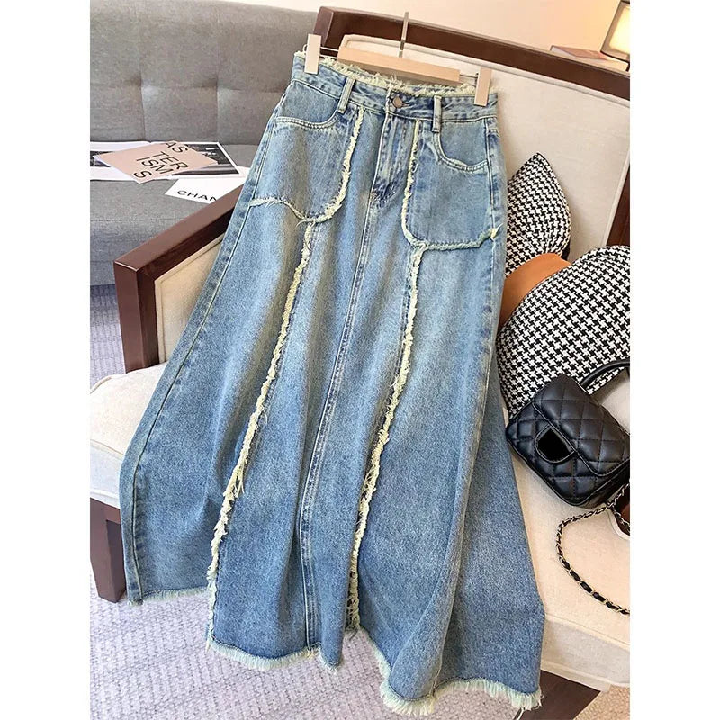 Women's Tassel Denim Long Skirts, Vintage Pocket, A-line Jeans Skirt,