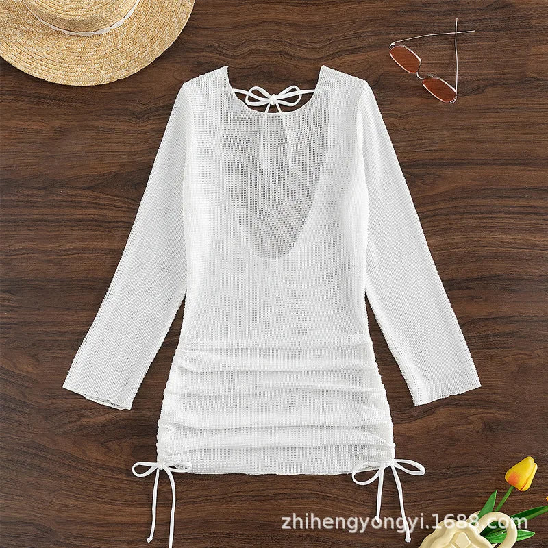 S - XL Long Sleeve Backless Crochet Knitted Tunic Beach Cover Up