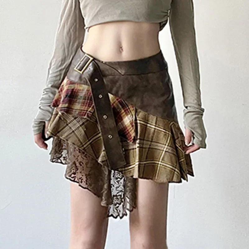 American Retro Asymmetrical Women’s Mini Skirts Lace Stripes Plaid
