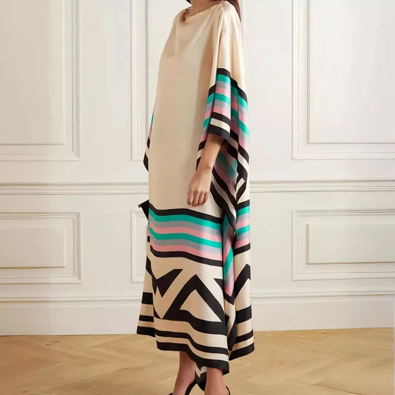 Candy Stripe Print Patchwork Kaftan Dresses Women’s Spring Round Neck