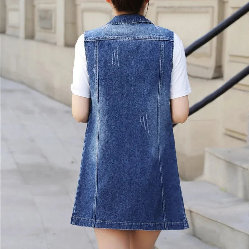 Women's Denim Vests 2025 Spring Summer Ripped Long Hole Jeans