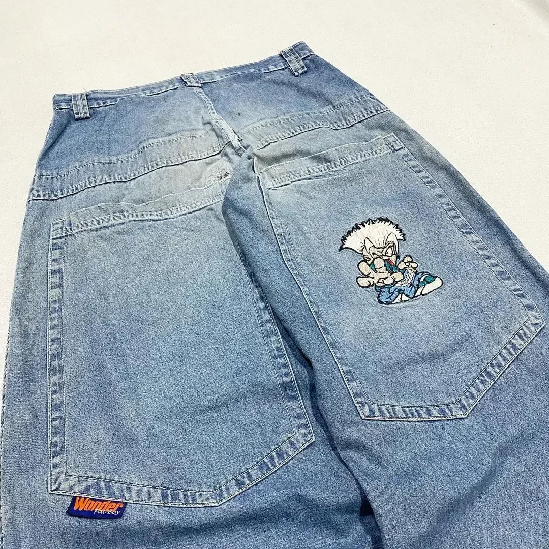 Japanese Kawaii Cartoon Characters Embroidered Light Blue Washed Baggy