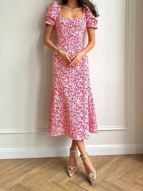 New Fashion Womens Summer Midi Dress Casual Short Puff Sleeve Floral