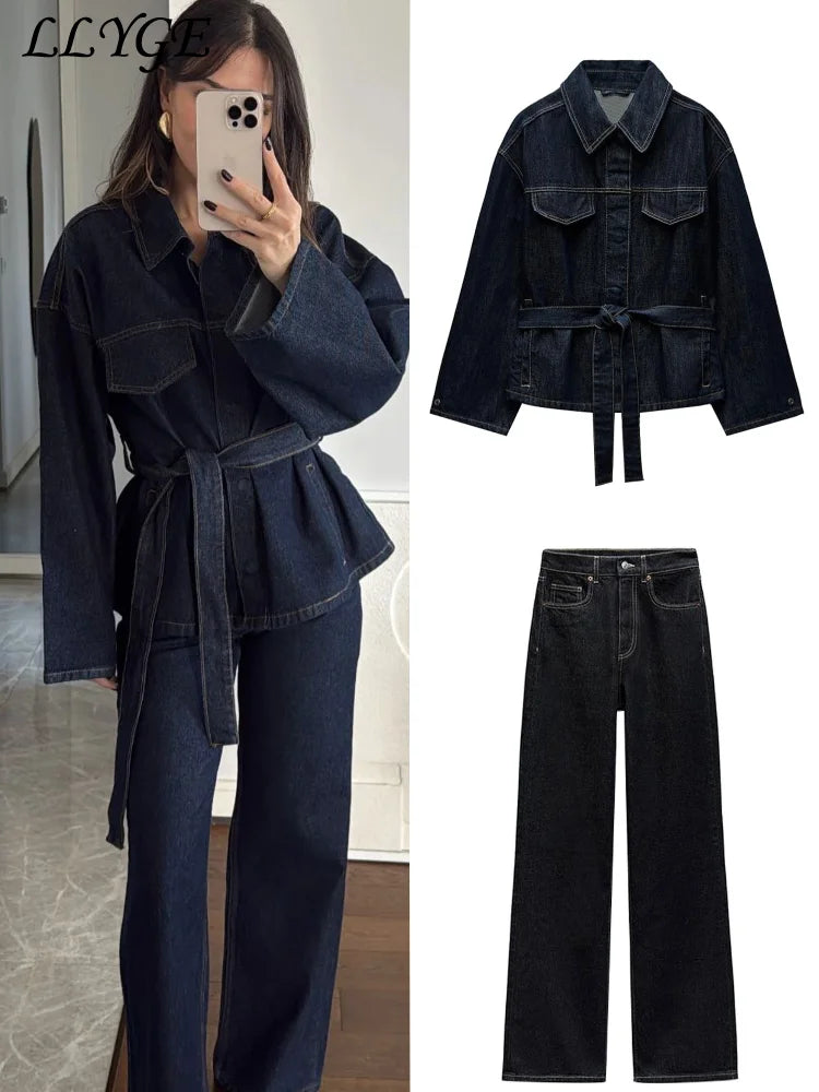 Vintage Belt Denim Jacket Pants Set Women Lapel Single Breasted