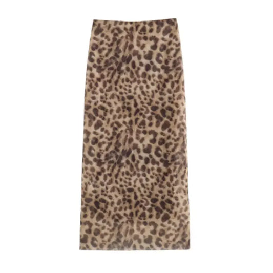 Women Leopard Tulle Midi Skirt 2024 Summer Fashion High Waist