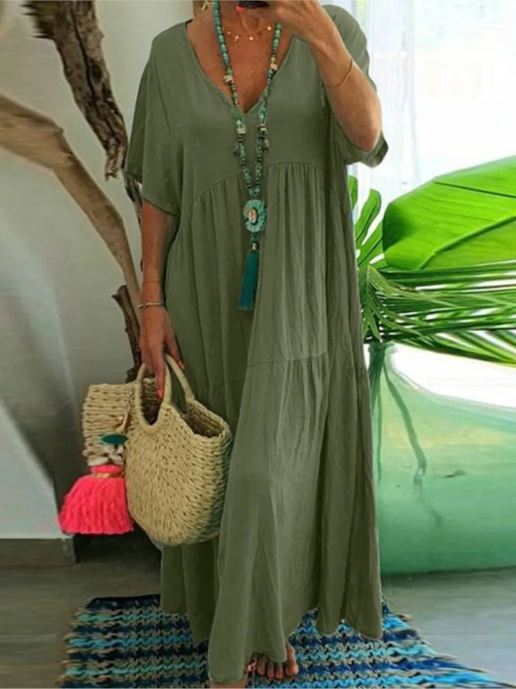 Loose Casual Dresses Women Summer V- Neck Short Sleeve Vestidos Solid