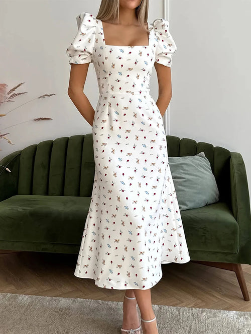 New Fashion Womens Summer Midi Dress Casual Short Puff Sleeve Floral