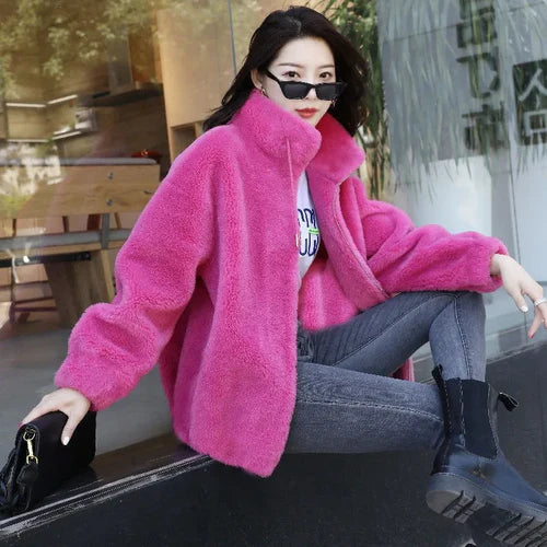 Women Winter Double Coral Fleece Warm Coat Stand Collar Plush Thick