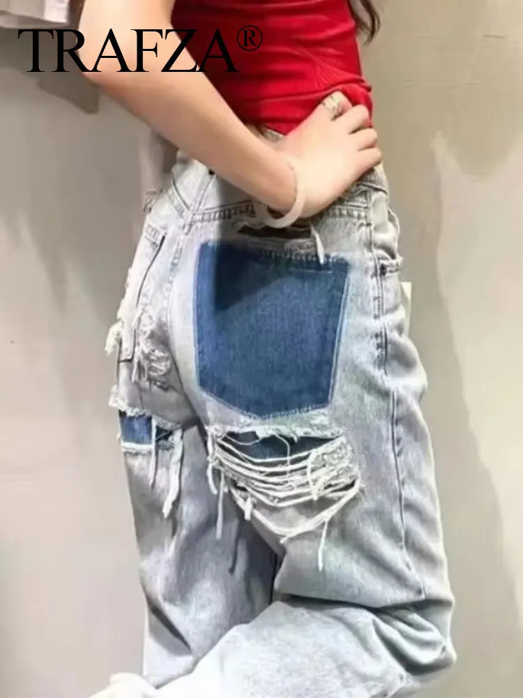 TRAFZA Jeans For Women 2024 Denim Solid Loose Zipper Fly Female Hole