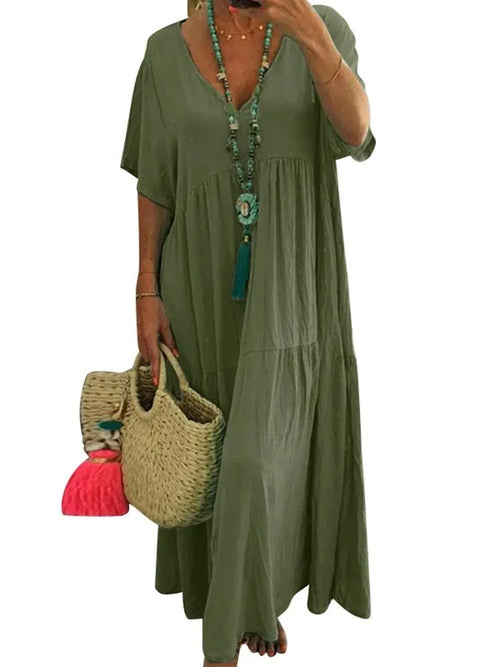 Loose Casual Dresses Women Summer V- Neck Short Sleeve Vestidos Solid