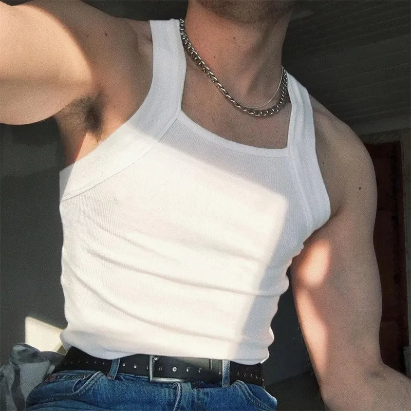 2023 Men Fashion Tank Tops Solid Color O-neck Sleeveless Skinny Gym