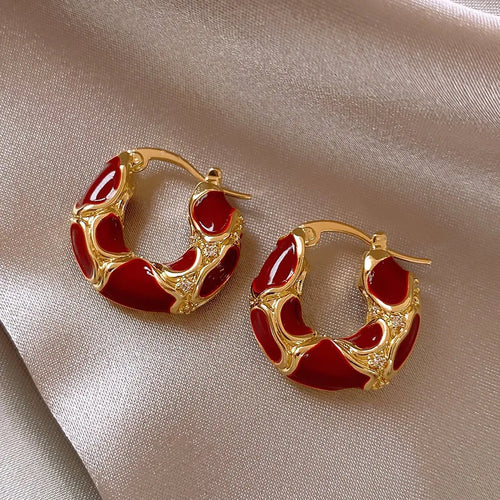 New Trendy Enamel Color Metal Texture Small Hoop Earrings for Women