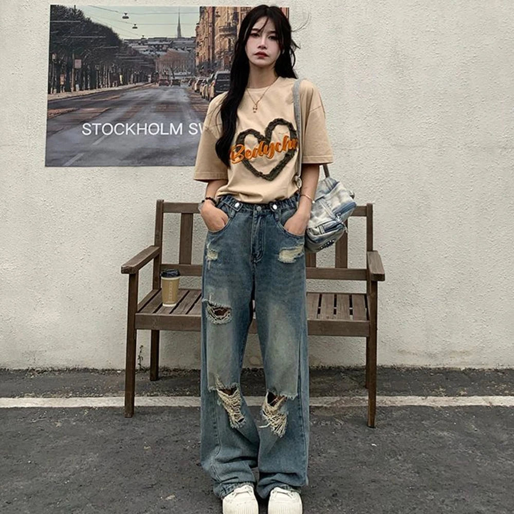 American Vintage Hole Y2k Women Jeans High Waist Jeans Wide Leg Baggy