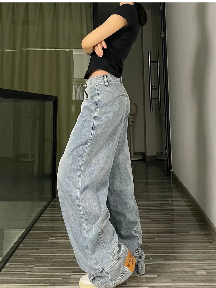 Ins Fashion American Retro Baggy High Waisted Jeans Woman High Street