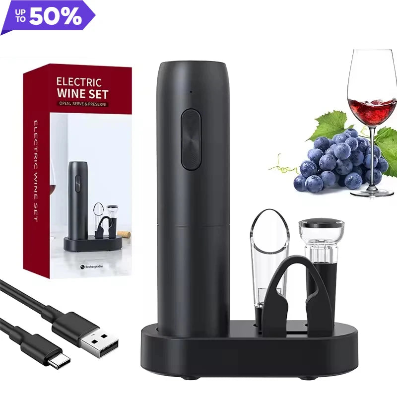 Electric Wine Opener Set with Corkscrew, Stopper, and Pourer -