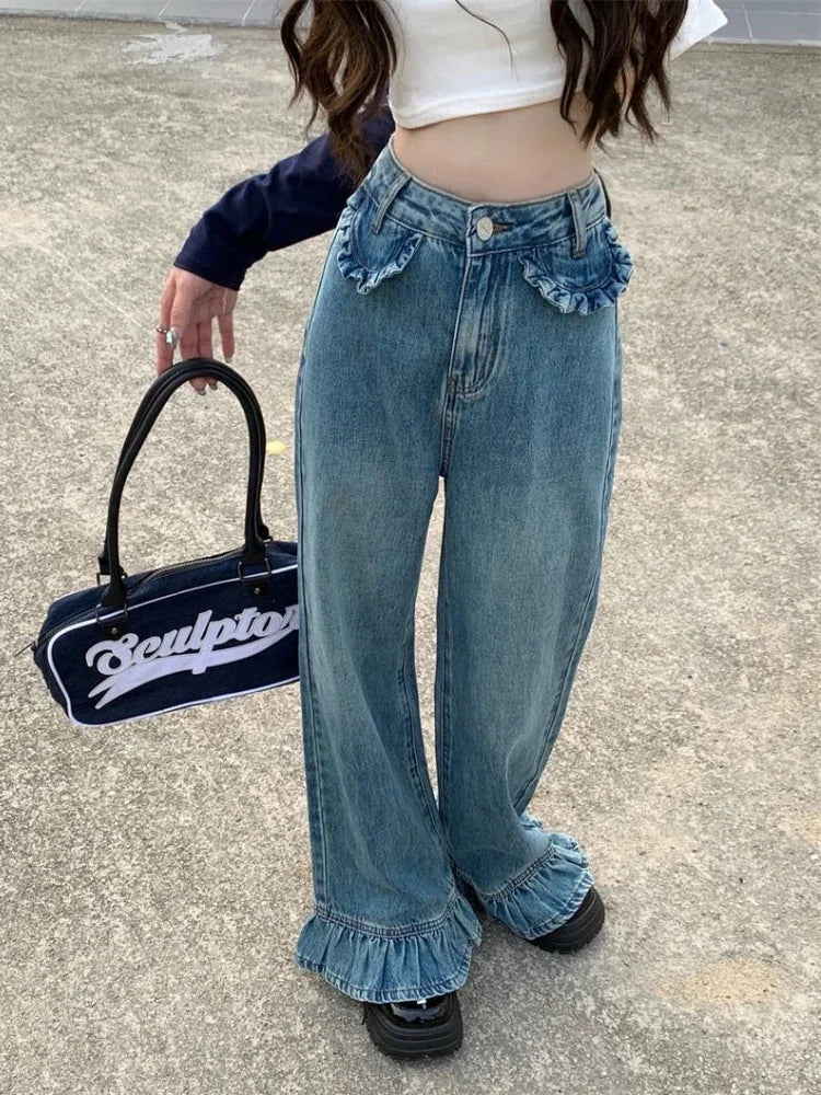 S-4XL Flare Jeans Women Baggy Washed Vintage Harajuku Streetwear Full