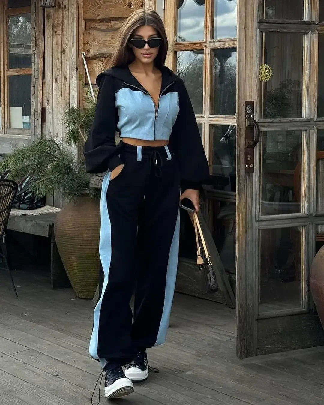 Casual Contrast Hoodies Pants Sets Women Slim Zipper Short Hooded