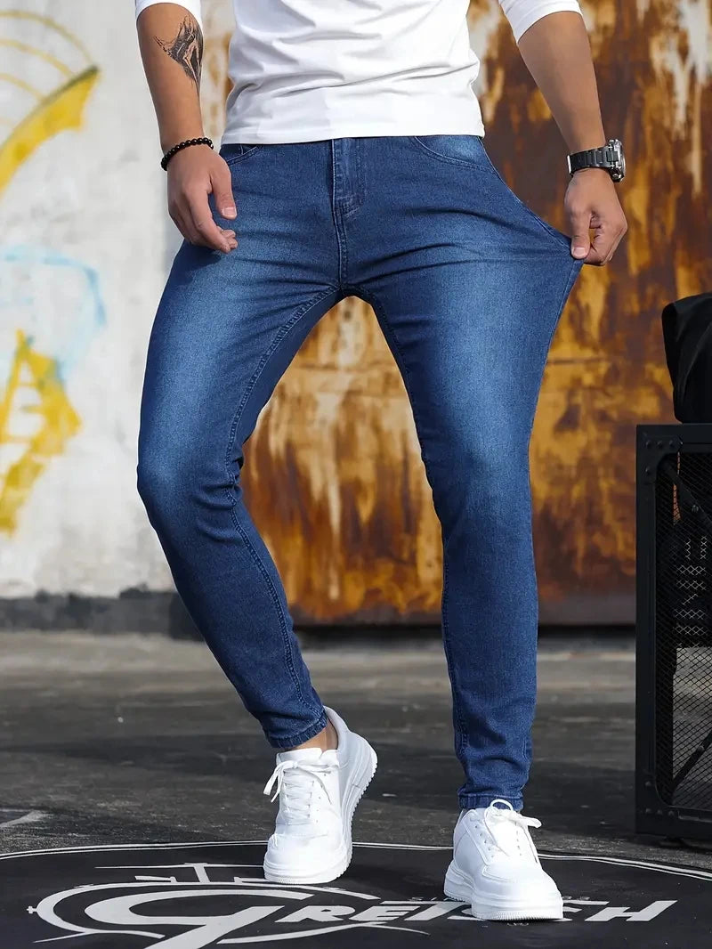 Man Pants Retro Washing Zipper Stretch Jeans Casual Slim Fit Trousers