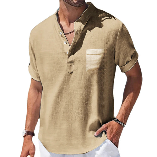 New Men's Casual Stand Up Collar Summer Solid Color Short Sleeve Linen