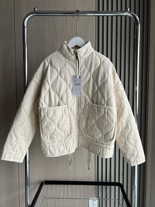 ZW Women's Cotton Jacket 2025 New Arrival Vintage Lenzing Rayon High Collar Large Pocket Decorative Quilted Coat for Women