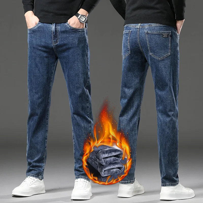 Winter Fleece Thick Warm Jeans Men's Slim Straight Elastic Denim Pants