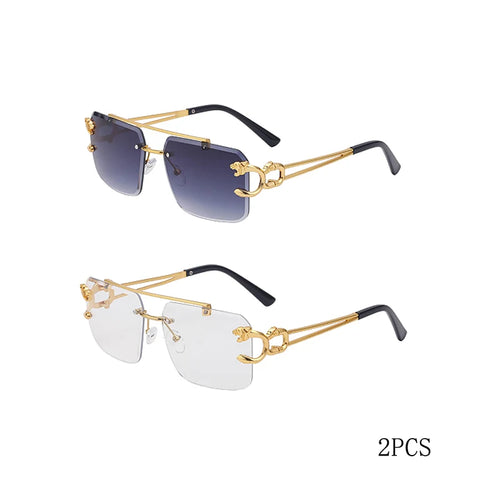 Fashion Metal Leopard Rimless Sunglasses Double Bridges Gradient Ocean